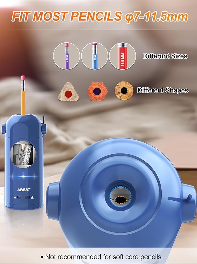 AFMAT Electric Pencil Sharpener for Colored Pencils 7-11.5mm, Fully Automatic Pencil Sharpener, Robot Pencil Sharpener, Rechargeable Hands-Free Pencil Sharpener for Large Pencils, Home, Classroom