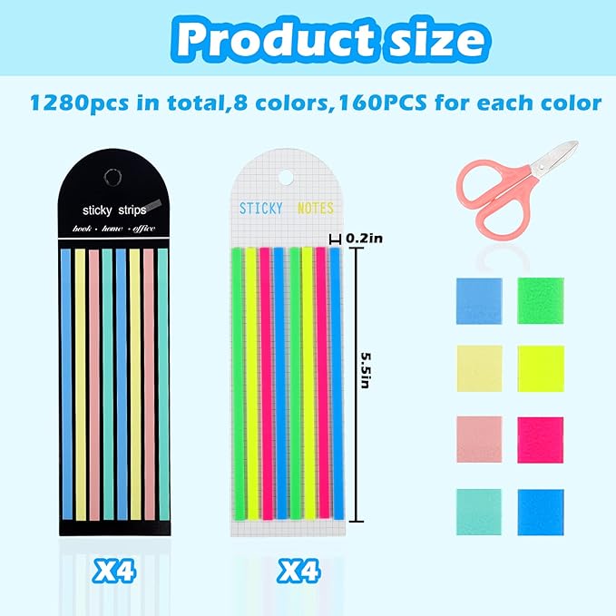 Juome 1280Pcs Highlighter Tape, Transparent Sticky Long Page Markers Tabs, Morandi Neon Clear Highlighter Strips Flags Stickers, Book Tabs for Annotating Books Aesthetic Office School Study Supplies