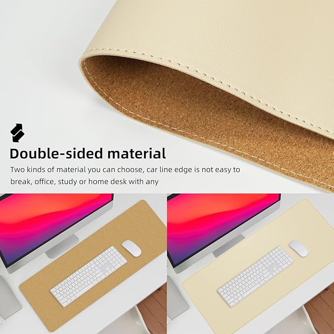 Leather Desk pad Protector, Large Desk mat with Natural Cork & PU Leather,Mouse pad,Non-Slip Office Desk Mat,Waterproof Desk Writing Pad for Office and Home (35in*17in, Apricot)