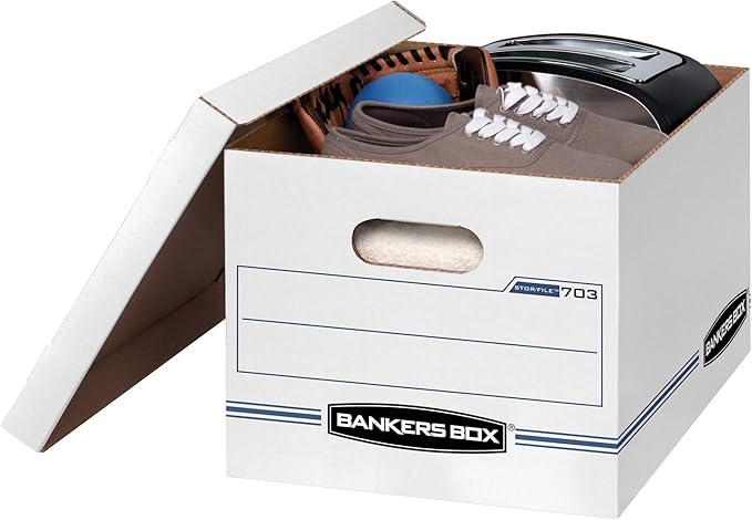 Bankers Box File Storage Box with Lift-Off Lid, Letter/Legal, 12 x 10 x 15 Inches, White, 4-Pack (0070329)