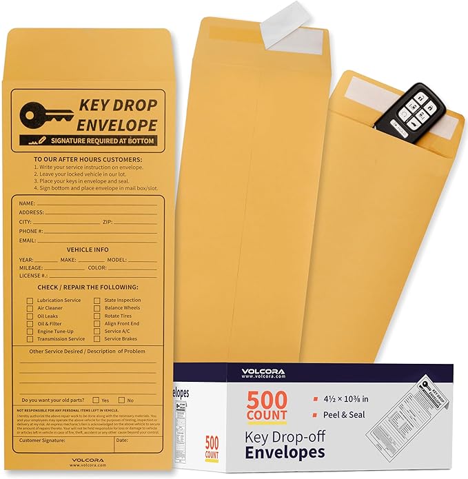 Volcora 500 Pack Key Drop Off Envelopes for After Hours, Night Drop Key Envelopes for Auto Shop Repair, Self Adhesive Envelope for Service Drop Box Overnight, Early Bird, Bussines 4 1/2 x 10 3/10 in