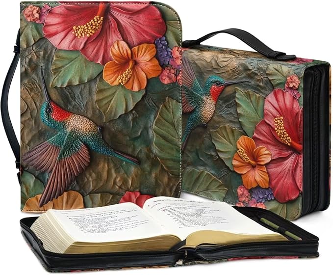 Lotusorchid Leather Bible Book Cover Case with Handle Pocket, Hummingbird Bible Cover Case with Pen Storage, Sturdy PU Bible Tote Bag, Bible Accessories, L