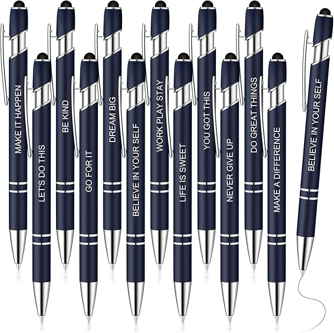 Zonon 12 Pieces Inspirational Pens Bulk Easter Basket Stuffers Motivational Quotes Ballpoint Pens with Stylus Tip Inspirational Gifts for School Office Teachers(Navy,Motivational Style)