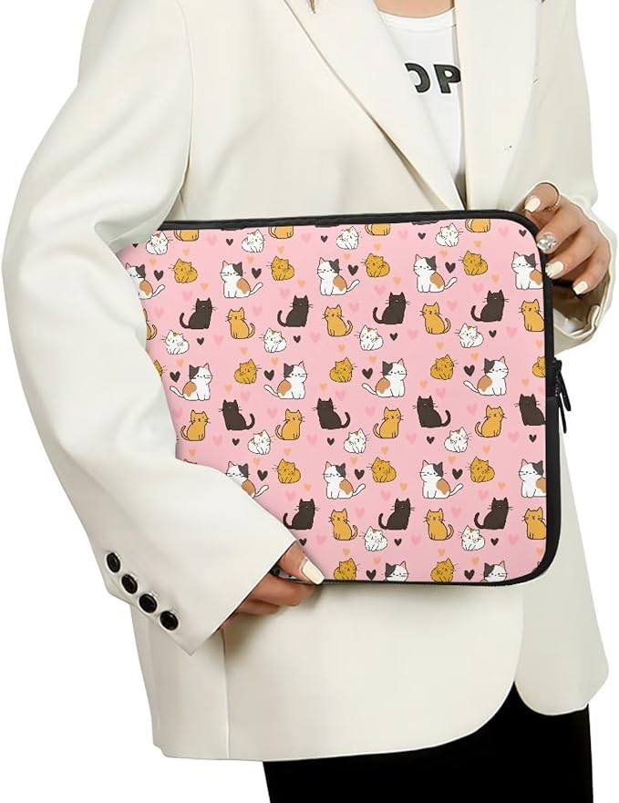 Cat Print Laptop Briefcases for Men Women, Heart Pattern Laptop Sleeve Case Water Resistant Neoprene Computer Carrying Cover 17 Inch Laptop Carrying Bag