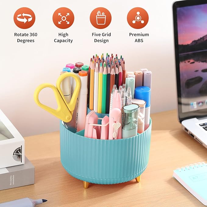 Desk Pencil Pen Holder, 5 Slots 360°Degree Rotating Pencil Pen Organizers for Desk, Desktop Storage Stationery Supplies Organizer, Cute Pencil Cup Pot for Office, School, Home, Art Supply, Blue