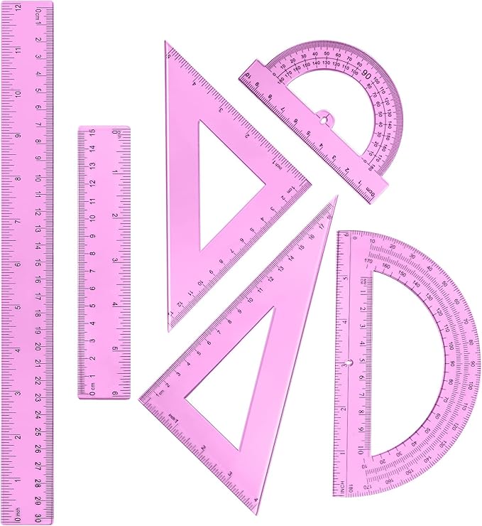 Tenare 6 Pcs Plastic Ruler Math Set Includes 12 Inch 6 Inch Straight Ruler Protractor Triangle Rulers Geometry Transparent Math Ruler Measuring Tools for School Office Home(Pink)