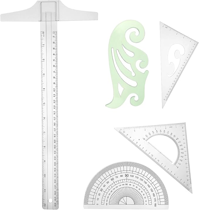 5 Pieces Drafting Tools Plastic Transparent Rulers Drawing Ruler 12 Inch T-Square 180 Degree Protractor, 2 Triangles and a French Curve for Students and Engineering Drawing