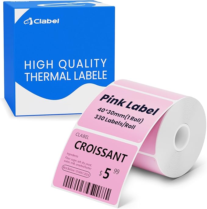 CLABEL Thermal Label 1.57'' x 1.18'' (40x30mm) Self-Adhesive Stickers for 220B/221B/230B Label Maker 330 Labels/Roll Black Text on Pink Paper in Stronger Waterproof Tear-Resistant for Business Home