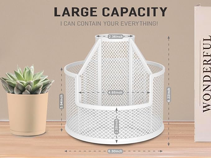 Sturdy Rotating Pen Holder, Cute Metal Pencil Holder, Large Mesh Pen Organizer for Desk, Premium Friendly Office Desk Accessories & Workspace Organizers Pearl White