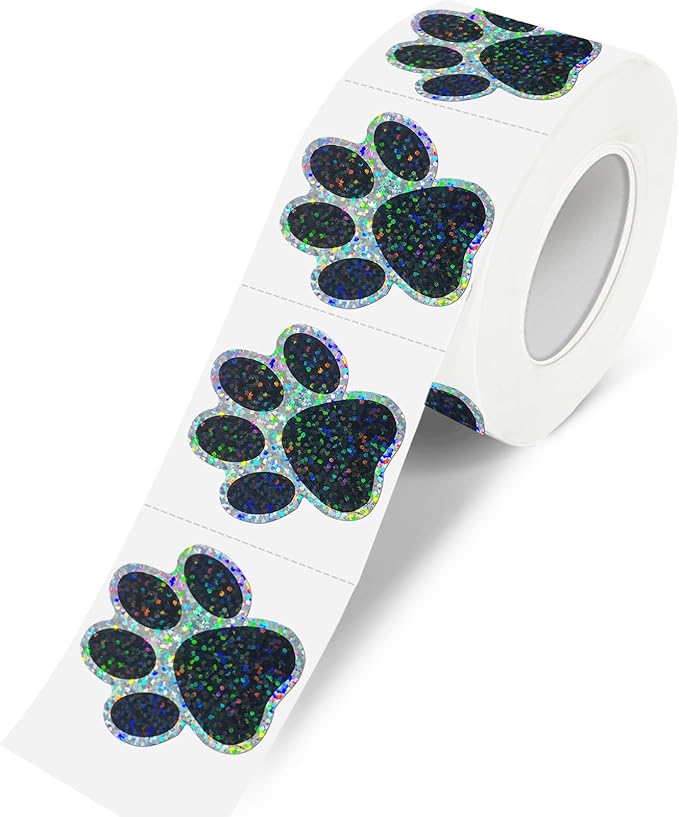 1 Inch Paw Stickers, 550 Pcs Sparkle Black Paw Stickers,Self-Adhesive Holographic Shiny Bear Paw Stickers Roll for Kids Birthday Decor Envelopes Seals Cards Gift Wrap