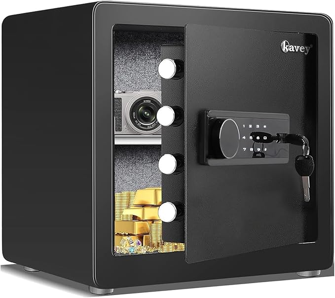 Kavey 1.6 Cub Safe Box, Home Safe with Backlit Touch Screen Keypad and Dual Alarm System, Money Safe With Mute Function and LED Light, Safe for Money Documents Valuables