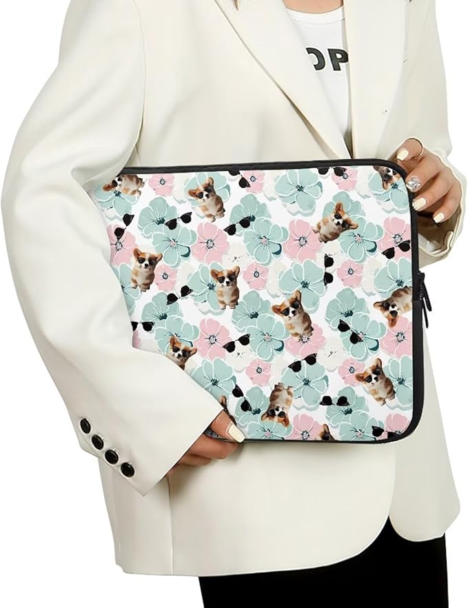 Corgi Dog Printed Computer Bags for Laptops for Women Men, Shockproof 10 Inch Laptop Case Bag Floral Print Messenger Bag with Zipper, Laptop Case Computer Carrying Cover Easy to Carry