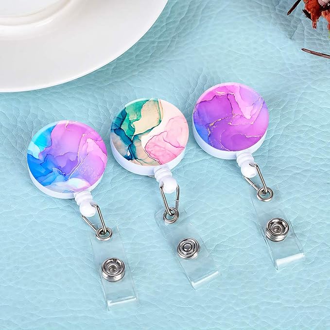 Retractable ID Badge Holder Nurse Badge Reels with Clip Name Card Holders for Office Worker Doctor Nurse (3Pack Pretty Colorful Marble)