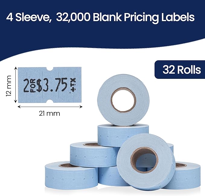 Perco 1 Line Blue Labels - 32 Rolls, 4 Sleeves, 32,000 Blank Price and Date Gun Labels for Perco 1 Line Price and Date Guns - Made in USA