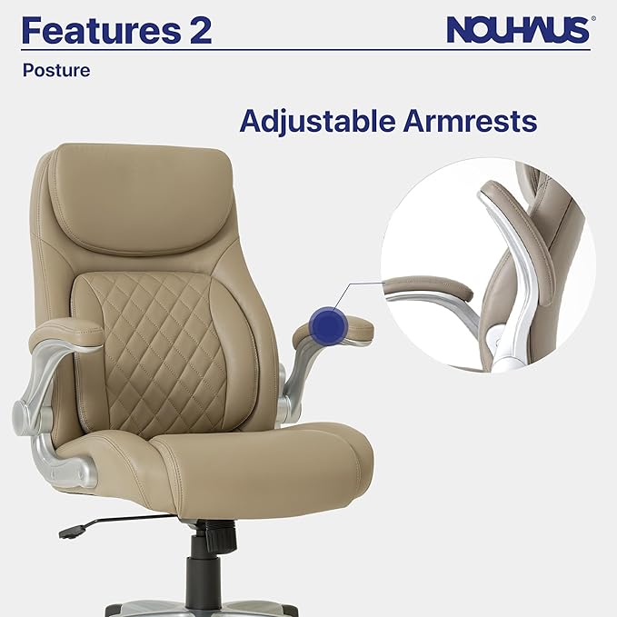 Nouhaus +Posture Ergonomic PU Leather Office Chair. Click5 Lumbar Support with FlipAdjust Armrests. Modern Executive Chair and Computer Desk Chair (Taupe)