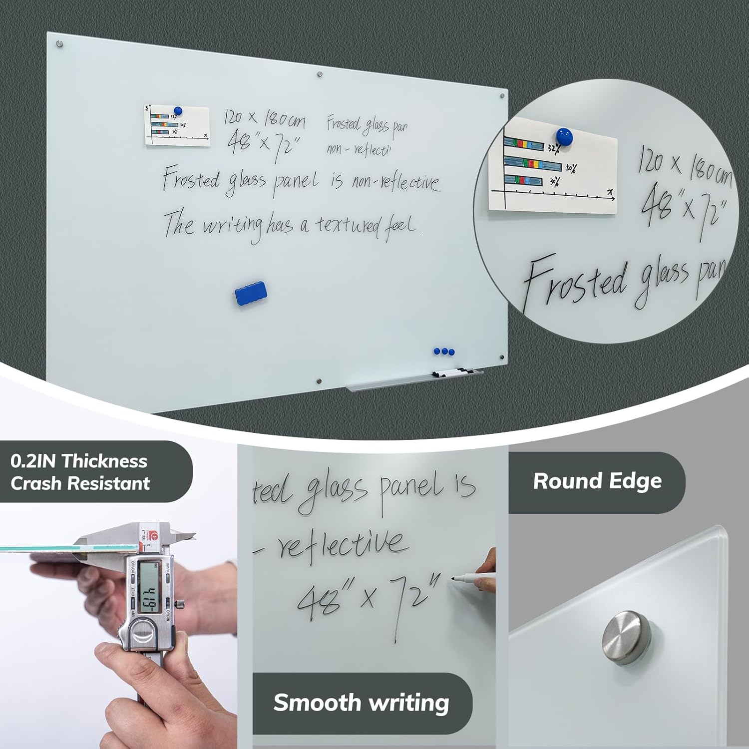 Magnetic Frosted Glass Whiteboard 48"x72" Glass Dry Erase Board 48"x72" Wall Mounted Frameless White Glassboard for Office School Home Shop