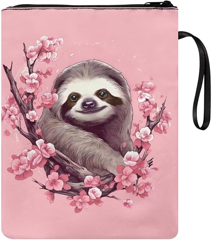 COEQINE Sloth Book Sleeve for Women Pink Cherry Blossom Book Covers for Hardcover Paperbacks Front Pocket Zipper Book Cover Case