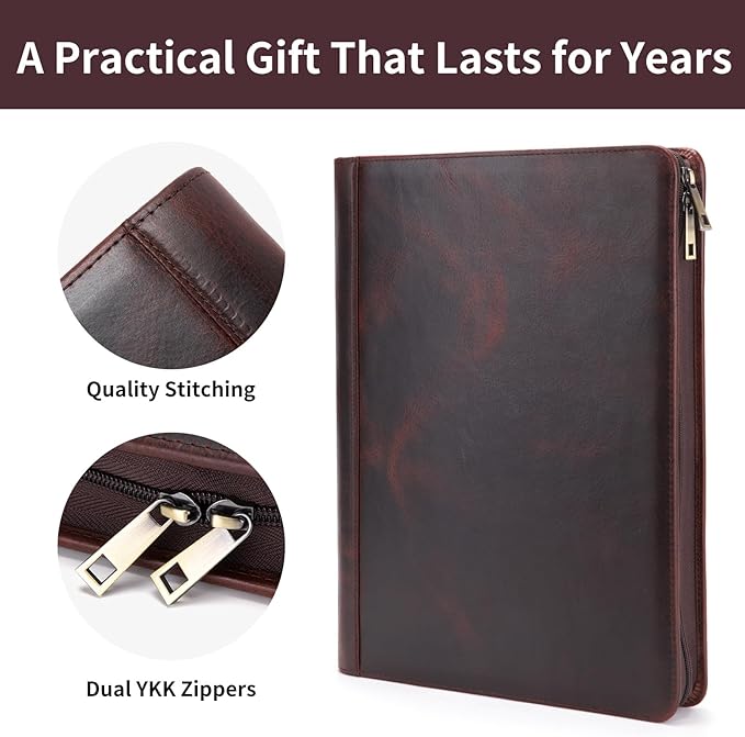 Personalized Genuine Leather Portfolio Binder, Zippered Padfolio for Men Women, Business Folio with 8.5” x 11” Notebook Holder and 13” Laptop Sleeve, Professional Folder, Dark Brown, Oil Tanned