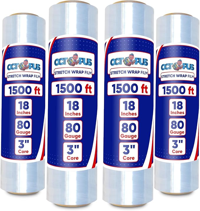 OCTOPUS Stretch Wrap, Industrial Strength 4 Roll Clear, 18” x 1500 feet, 80 Gauge (20 Micron), Heavy Duty Plastic Shrink Film for Packing, Wrapping, Bundling, Shipping, Pallets, and Moving Essentials
