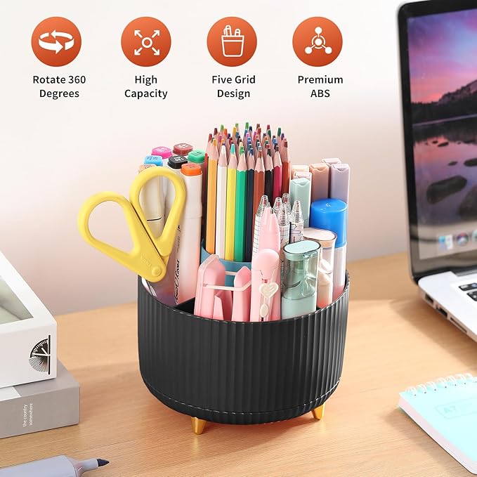 Desk Pencil Pen Holder, 5 Slots 360°Degree Rotating Pencil Pen Organizers for Desk, Desktop Storage Stationery Supplies Organizer, Cute Pencil Cup Pot for Office, School, Home, Art Supply, Black
