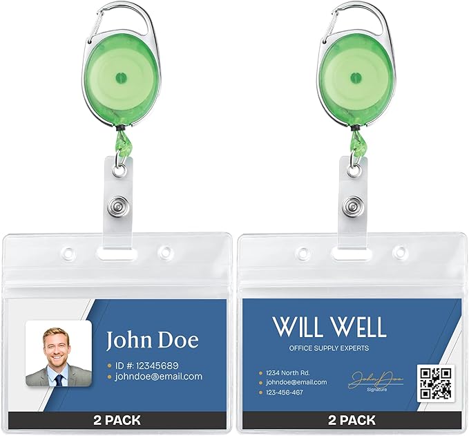 Will Well ID Badge Holders with Clip and Keyring - Horizontal Clear Plastic 3.7" x 2.5" Sleeves Fit Up to 3 Cards - Retractable 24" UHMWPE Fiber Pull Cords - 2-Pack, Transparent Green Reels