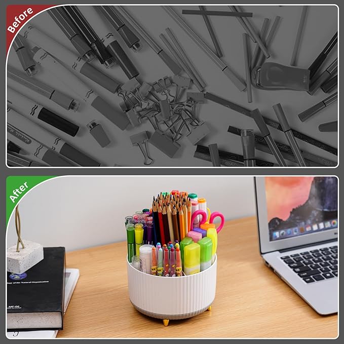 Marbrasse Desk Organizer, 360-Degree Rotating Pen Holder for Desk, Desk Organizers and Accessories with 5 Compartments Pencil Organizer, Art Supply Storage Box Caddy for Office, Home (White+Grey)