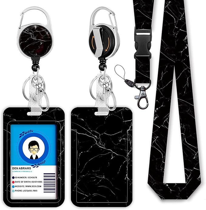 Black Marble Lanyards for Id Badges, Cute Badge Reel Heavy Duty with Carabiner Clip, Fashionable ID Badge Holder with Breakaway Lanyard, Teacher Nurse Office Gifts