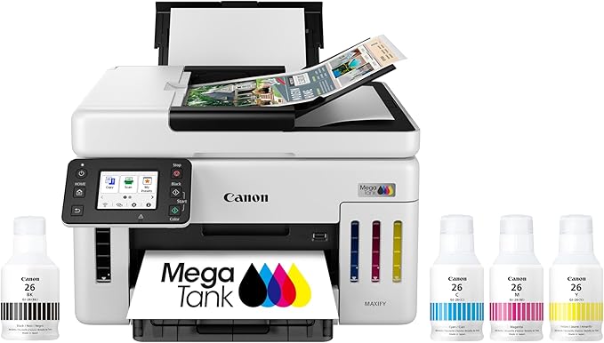 Canon Megatank GX6120 Wireless All-in-One Printer, Print, Scan and Copy, with 2.7" LCD Touch Screen and Auto Document Feeder, White