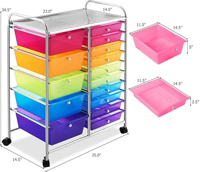 Giantex 15-Drawers Rolling Storage Cart, Mobile Book Paper Organizer Utility Trolley with Wheels, Ideal for School, Office, Home (Rainbow)