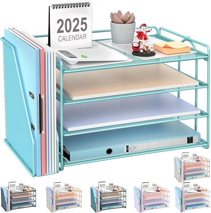 gianotter 2025 New Large Capacity Desk Organizer with Detachable Magazine Holder, 4-Tier Paper Organizer Letter Tray, Desk Accessories for A4 Paper and Document Storage(Blue)