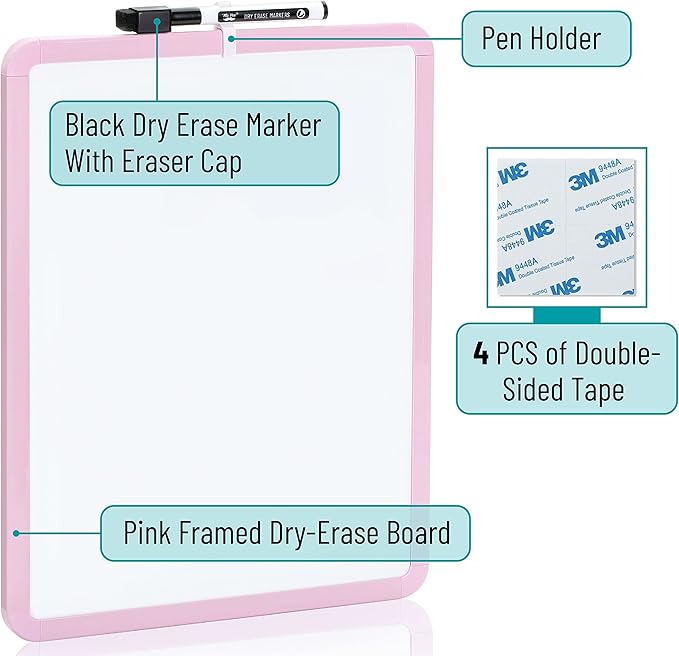 Mr. Pen- Dry Erase Board, 14” x 11” with a Black Dry Erase Marker, Pink Frame, Small White Board Dry Erase, Dry Erase Board Small Dry Erase Board, Magnetic Whiteboard, Small Whiteboard