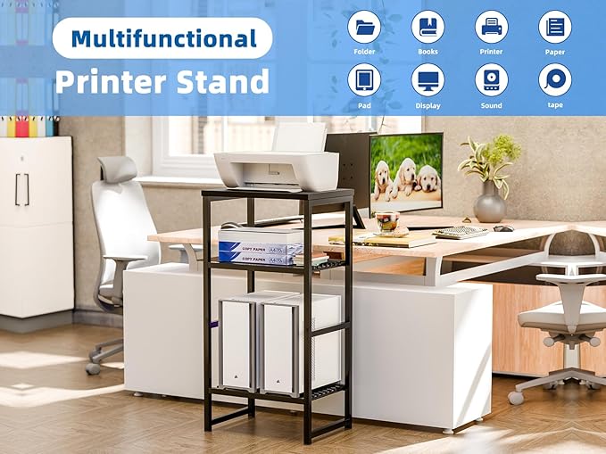 Printer Stand Holder 3 Tier - Heavy Duty Metal Shelving Unit for Under Desk Printer Storage Office Organizer, Industrial Printer Side Table with Wood Desktop for Scanner Fax Machine Black