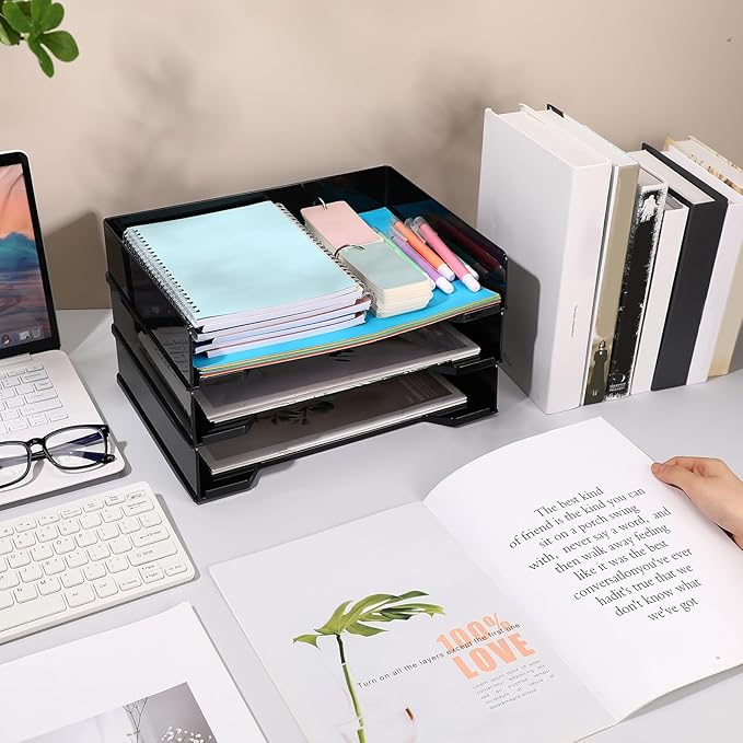 4 Pcs Stackable Letter Tray Rectangular Plastic Desk Organizer 13 x 9.5 x 2.6 in Paper Holder File Tray Accessories Rack for Desktop Office Desk Drawers (Black)