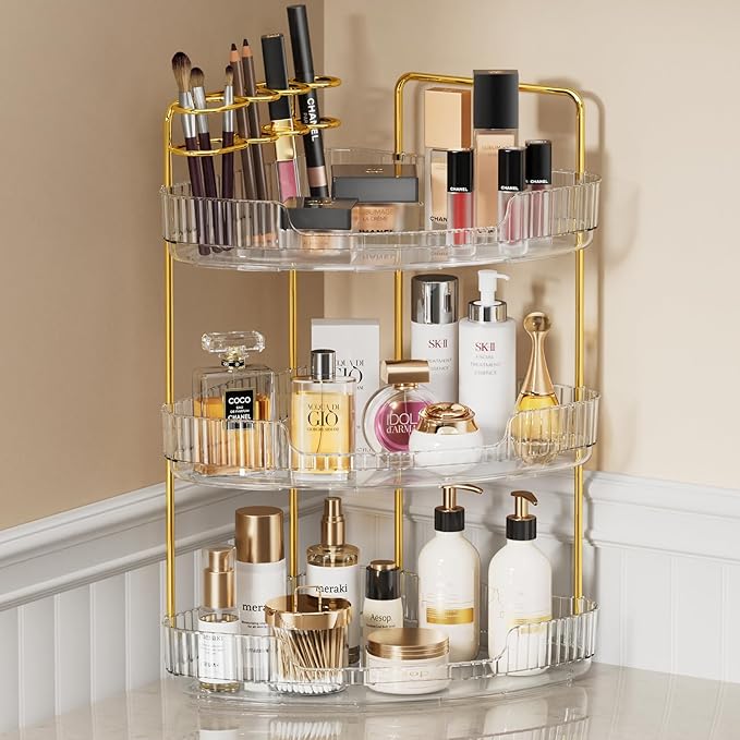 3-Tier Corner Bathroom Counter Organizer Makeup Cosmetic Storage, Tool-Free Installation Acrylic Vanity Shelf, Countertop Storage Organizers Perfume Tray for Bathroom, Dresser, Kitchen (Clear)