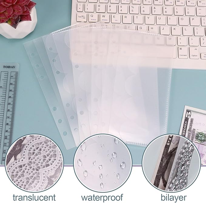 A6 Binder Pockets with No Zipper, Koqye Blue 10 Pcs Plastic Zipless Budget Envelopes, Two Pockets Frosted Cash Envelopes Money Bag for Budgeting, Cash Stuffing (Clear Petals-2set)