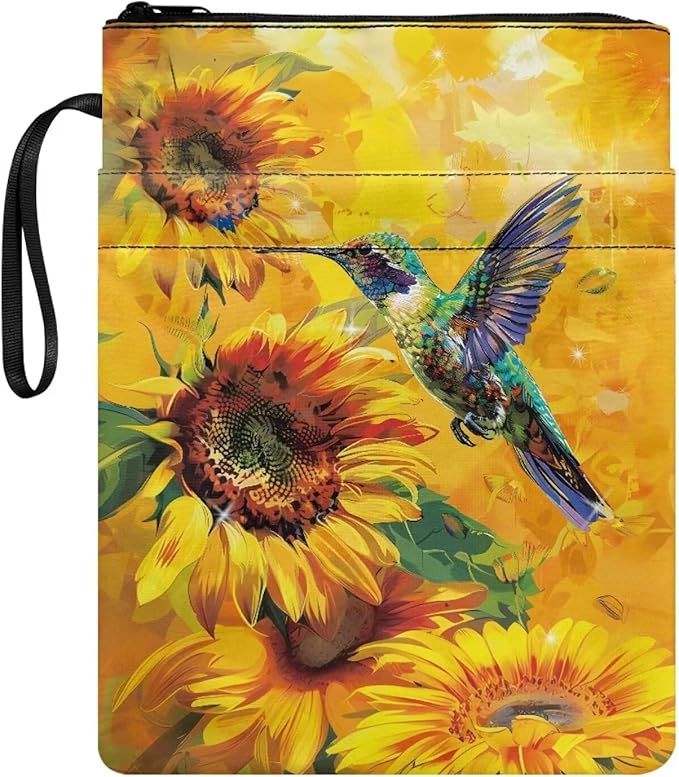 COEQINE Sunflower Birds Book Covers for Women Men Portable Washable Book Sleeves for Book Lover Back of School Large Capacity Yellow Cute Animal Book Pouch