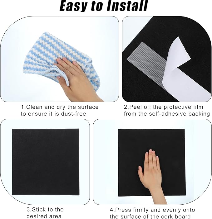 Large Cork Board 36" x 24", 6 Pack Felt Wall Tiles with Colored 30 Pcs Pushpins, Black Bulletin Board with Removable Self-Adhesive Strips, Pin Board Cork Boards for Walls Office Home- Black