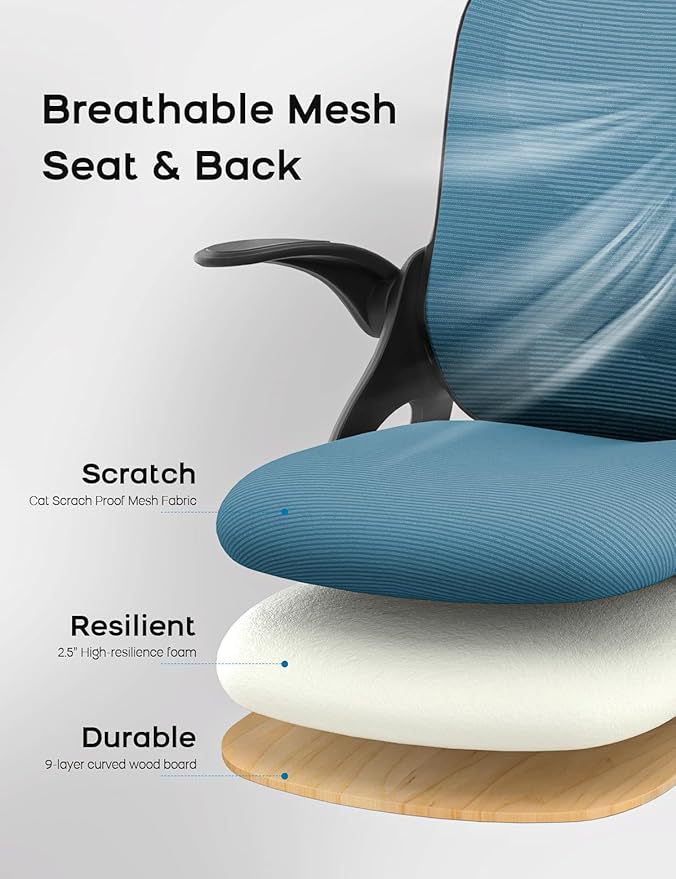 Drafting Chair Tall Office Chair with Flip-up Armrests Ergonomic Computer Standing Desk Chair with Comfy Lumbar Support and Adjustable Footrest Ring for Bar Height Desk(Black-Blue)