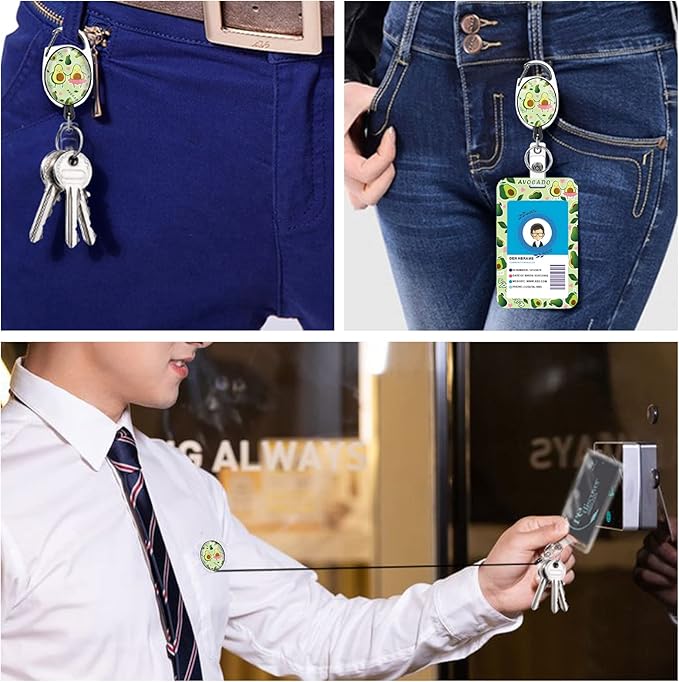 Cute Avocado Badge Reels Retractable with Carabiner Reel Clip, ID Badge Holder Case with Detachable Lanyard Keychain, Nurse Doctor Office School Teacher Name Credit Card Pocket