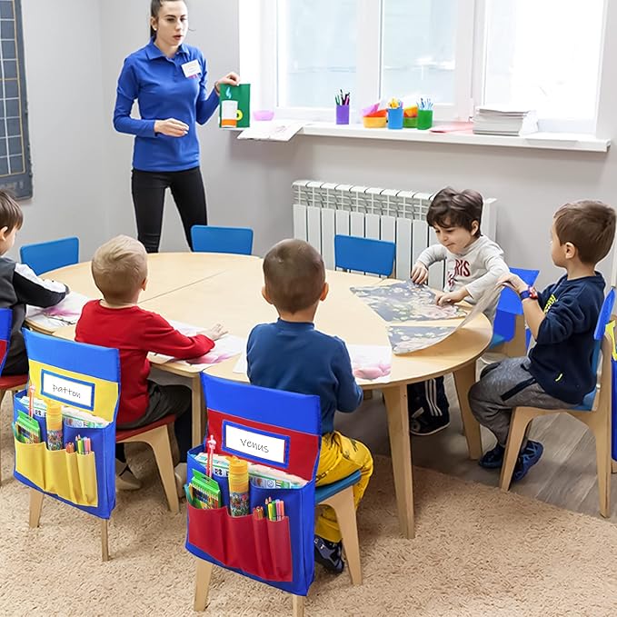 School Seat Chair with Storage Pocket Organizer, Label Slot, Multiple Pockets for School, Home, Classroom, Preschool, Daycare (Red+Blue)