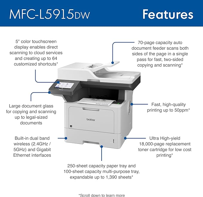 Brother Monochrome Laser Printer, Multifunction All-in-One Printer, MFC-L5915DW, Wireless Networking, Mobile Printing & Scanning, Duplex Print, Copy & Scan, Works with Alexa