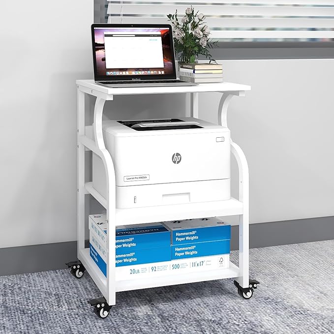 Natwind Large Printer Stand,24''x20''x29''Printer Table with Adjustable Storage Shelf,3 Tier Rolling Printer Cart with Wheels,Home Office Multifunctional Shelves for Heat Press,3D Printer (White)