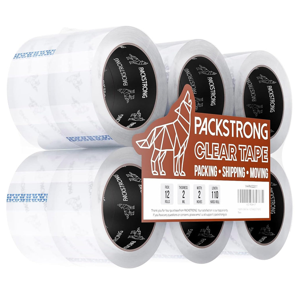 Packstrong Industrial Grade Clear Packing Tape 12 Rolls - 110 Yards per Roll - 2" Wide x 2 mil Thick, Acrylic Adhesive Tape for Box Office Moving Packaging Shipping