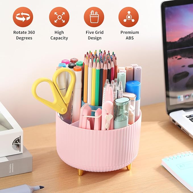 Desk Pencil Pen Holder, 5 Slots 360°Degree Rotating Pencil Pen Organizers for Desk, Desktop Storage Stationery Supplies Organizer, Cute Pencil Cup Pot for Office, School, Home, Art Supply, Pink