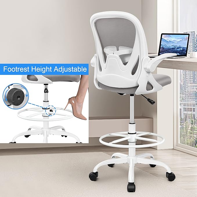 Primy Ergonomic Drafting Chair with Flip-up Armrests for Standing Desk - Tall Office Chair with Lumbar Support and Adjustable Footrest Ring（Gray）