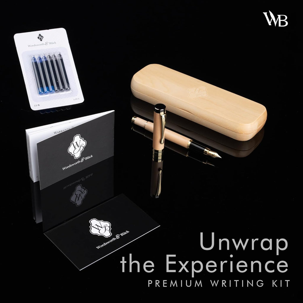 Wordsworth & Black Fountain Pen Set, Luxury Bamboo Wood - Fine Nib, Gift Case; Includes 6 Ink Cartridges, Ink Refill Converter -Journaling, Calligraphy; Drawing, Smooth Writing [Maple Wood]