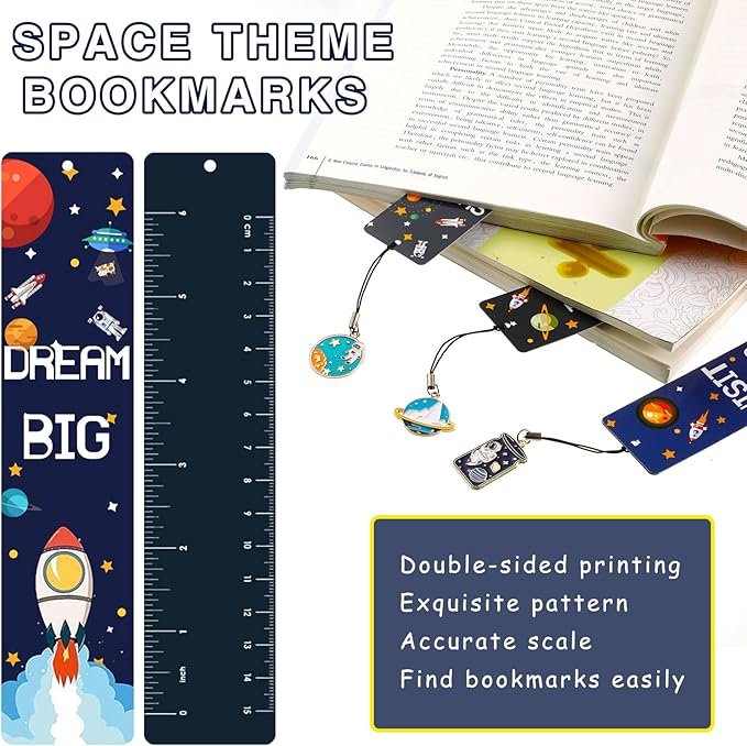 Christmas Space Theme Bookmarks with Metal Charms Planet Rocket Space Ship Theme Bookmarks Inspirational Quotes Bookmarks for Space Christmas Party Favors Gifts Kids Boys Girls Encourage(72 Pieces)
