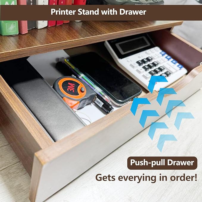 Printer Stand for Desk,2 Tier Desktop Printer Stand,Home Printer Stand with Storage Drawer,Small Printer Table,Desk Organizer Shelf for Top of Desk,Printer Rack for Fax Machine,Scanner-Walnut