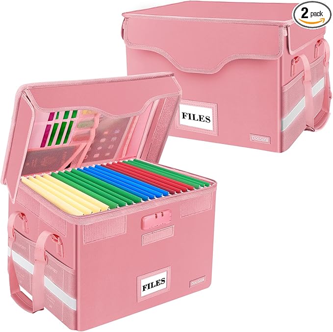DocSafe File Box Fireproof Document Box with Lock,File Storage Organizer Box with Insert Pockets,Collapsible Portable File Box Home Office File Cabinet Safe for Hanging Letter/Legal Folder,Pink,2 Pack