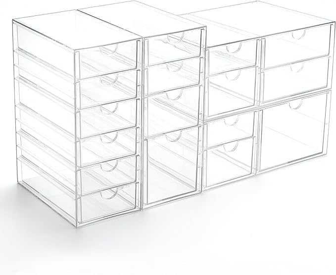 Prsildan Acrylic Drawer Organizer with 17 Drawers, Craft Office Desk Makeup Organizers Accessories, Set of 4 Clear Stackable Storage Drawers for Vanity, Countertop, Jewelry, Art Supply Organization